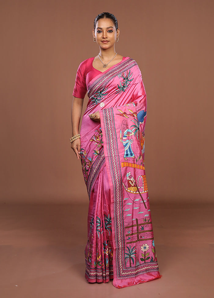 Pink Handloom Kantha Stitch Pure Silk Saree With Blouse Piece