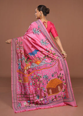 Pink Handloom Kantha Stitch Pure Silk Saree With Blouse Piece