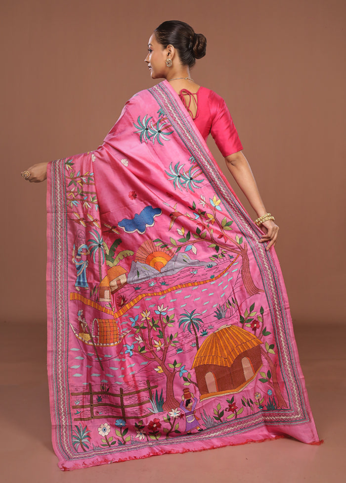Pink Handloom Kantha Stitch Pure Silk Saree With Blouse Piece