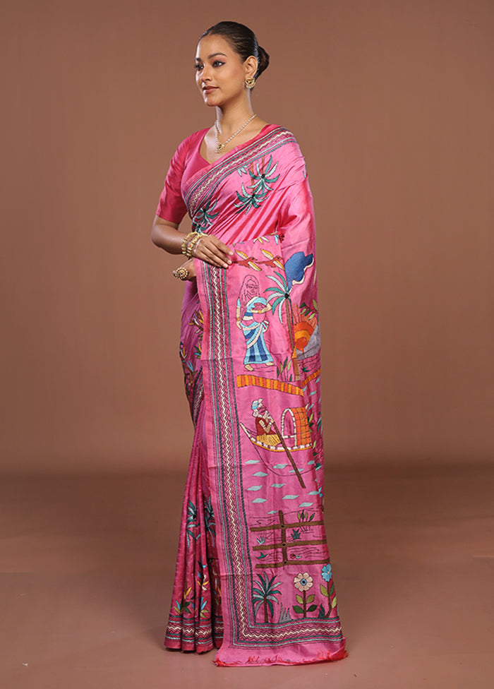 Pink Handloom Kantha Stitch Pure Silk Saree With Blouse Piece