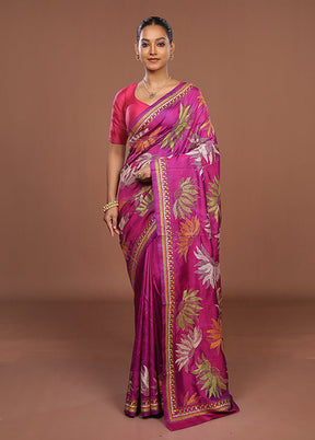 Purple Handloom Kantha Stitch Pure Silk Saree With Blouse Piece
