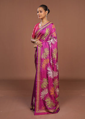 Purple Handloom Kantha Stitch Pure Silk Saree With Blouse Piece