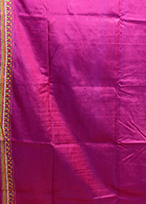 Purple Handloom Kantha Stitch Pure Silk Saree With Blouse Piece