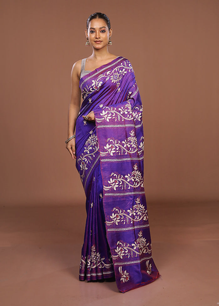 Purple Handloom Kantha Stitch Pure Silk Saree With Blouse Piece