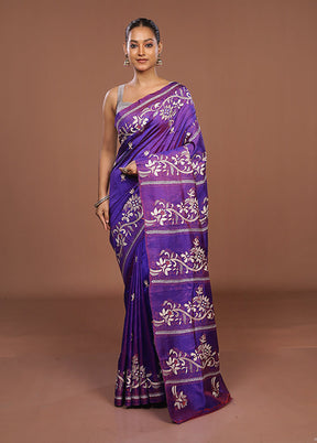 Purple Handloom Kantha Stitch Pure Silk Saree With Blouse Piece