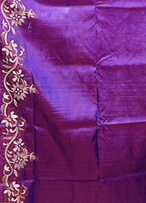Purple Handloom Kantha Stitch Pure Silk Saree With Blouse Piece