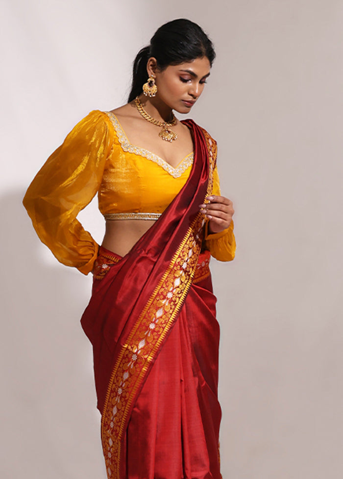 Maroon Handloom Baluchari Pure Silk Saree With Blouse Piece