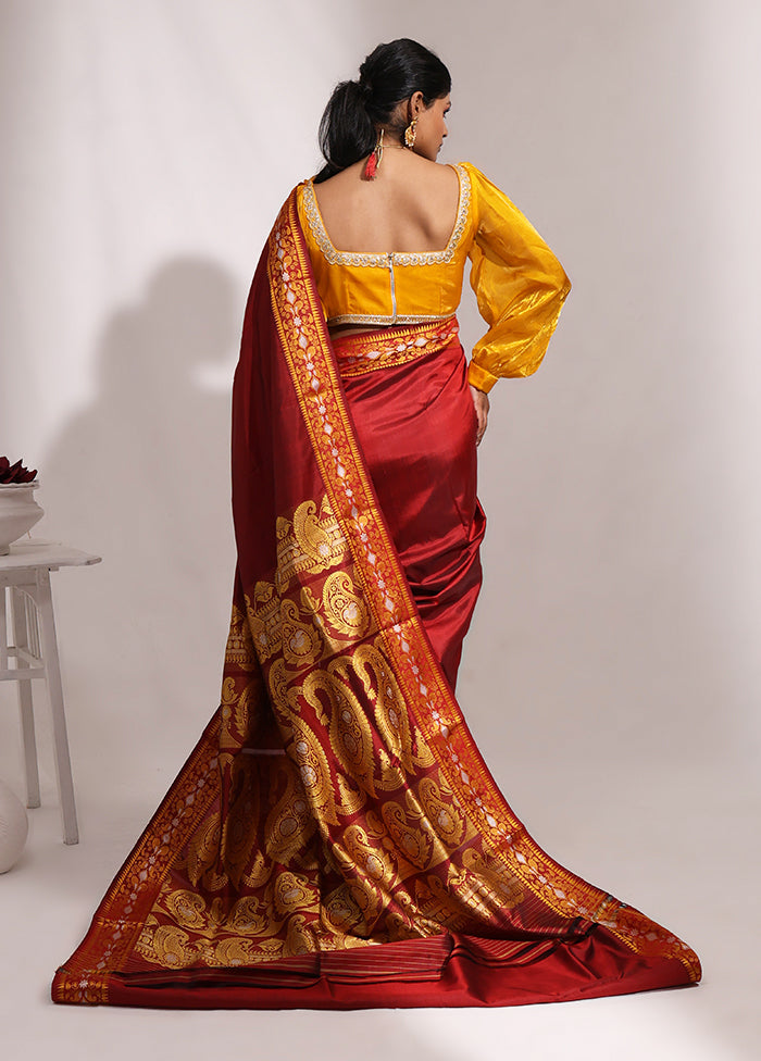 Maroon Handloom Baluchari Pure Silk Saree With Blouse Piece