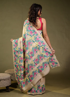 Cream Handloom Kantha Stitch Pure Silk Saree With Blouse Piece