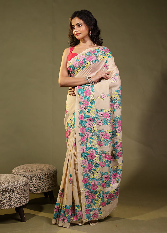 Cream Handloom Kantha Stitch Pure Silk Saree With Blouse Piece