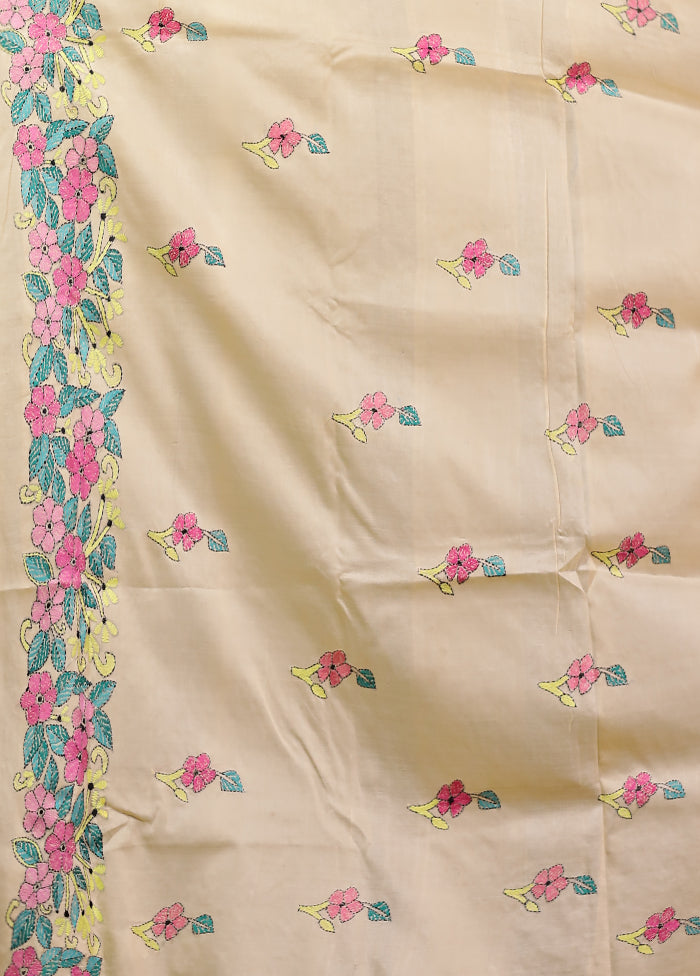 Cream Handloom Kantha Stitch Pure Silk Saree With Blouse Piece