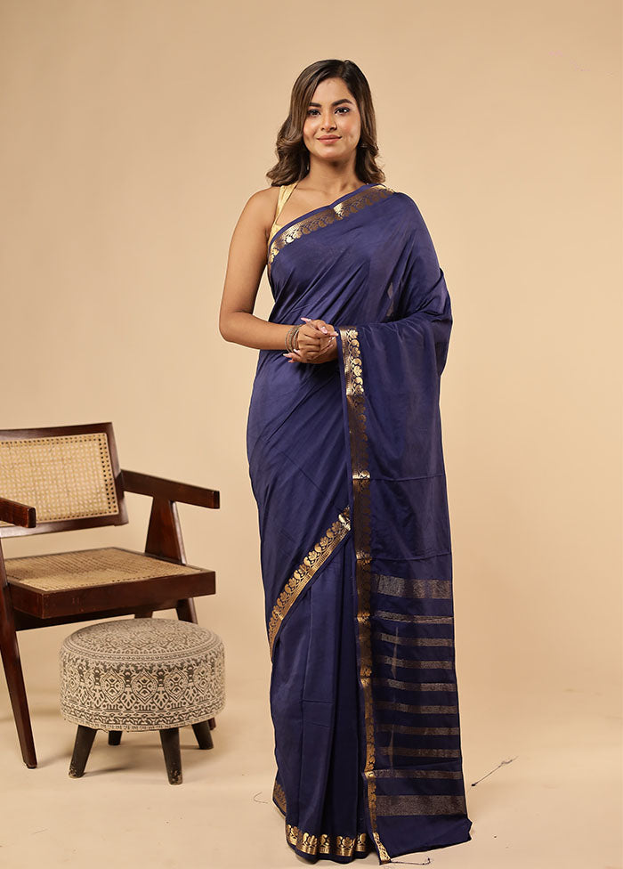 Blue Printed Silk Saree With Blouse Piece