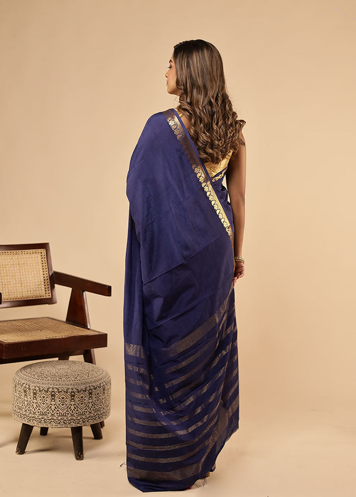 Blue Printed Silk Saree With Blouse Piece