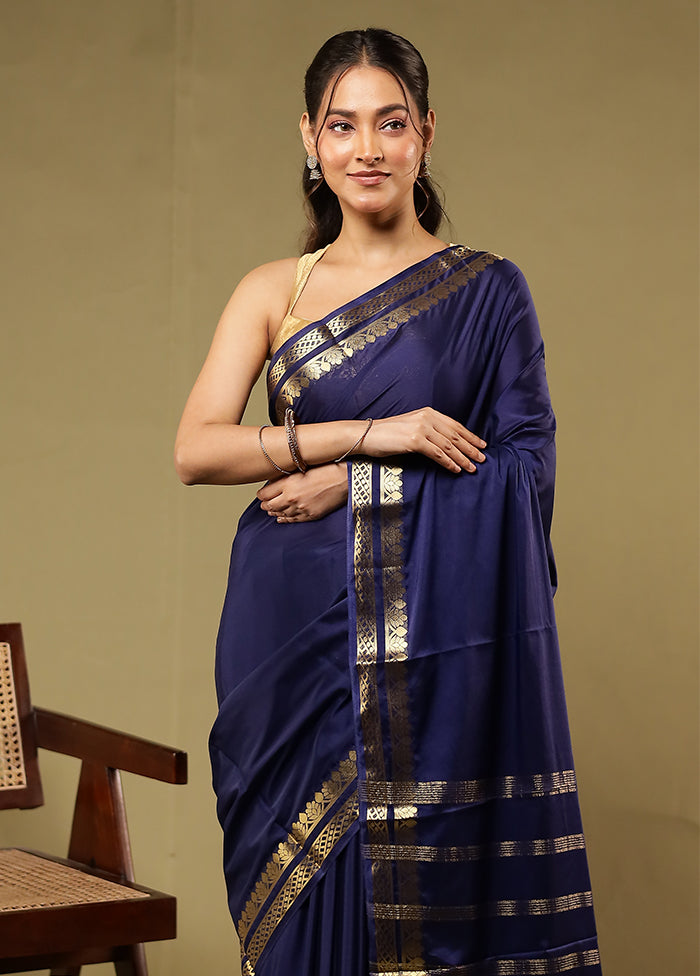 Blue Printed Silk Saree With Blouse Piece