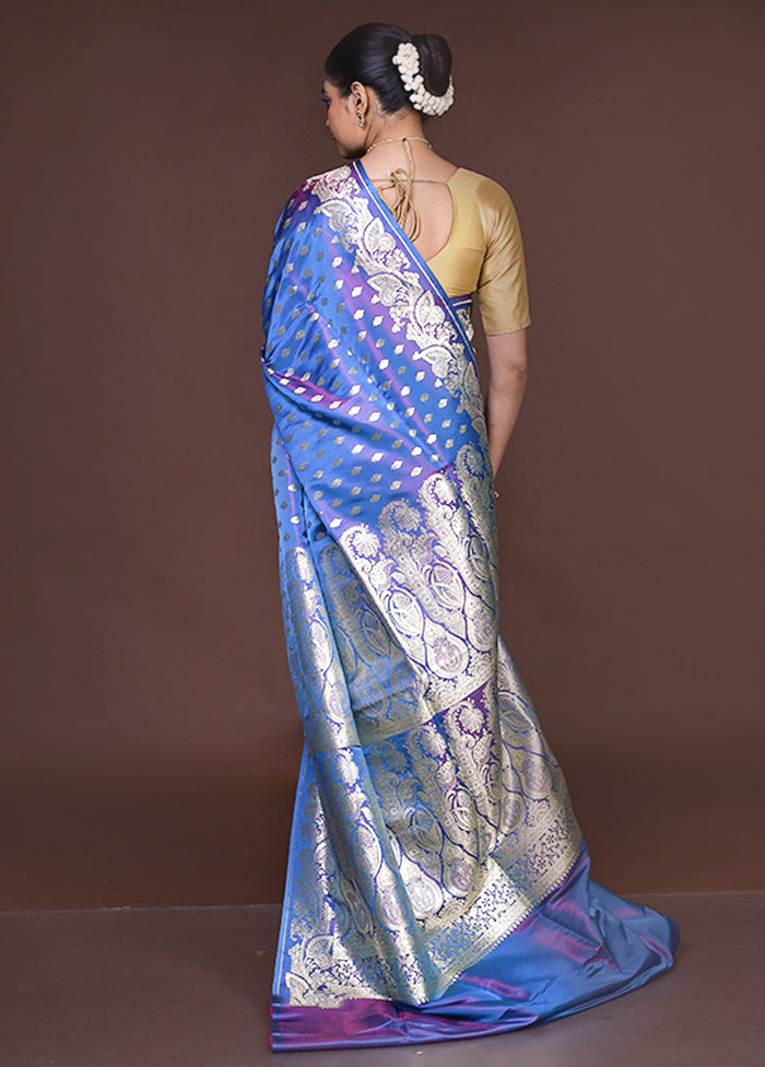 Blue Handloom Banarasi Pure Silk Saree With Blouse Piece