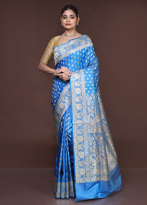 Blue Handloom Banarasi Pure Silk Saree With Blouse Piece