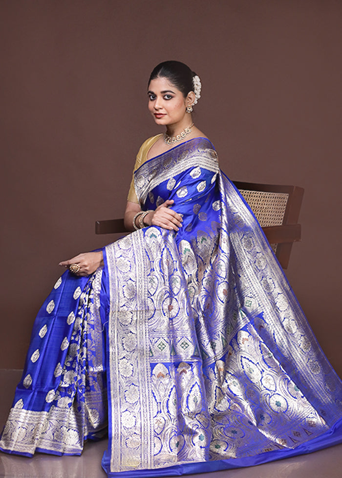 Blue Handloom Banarasi Pure Silk Saree With Blouse Piece