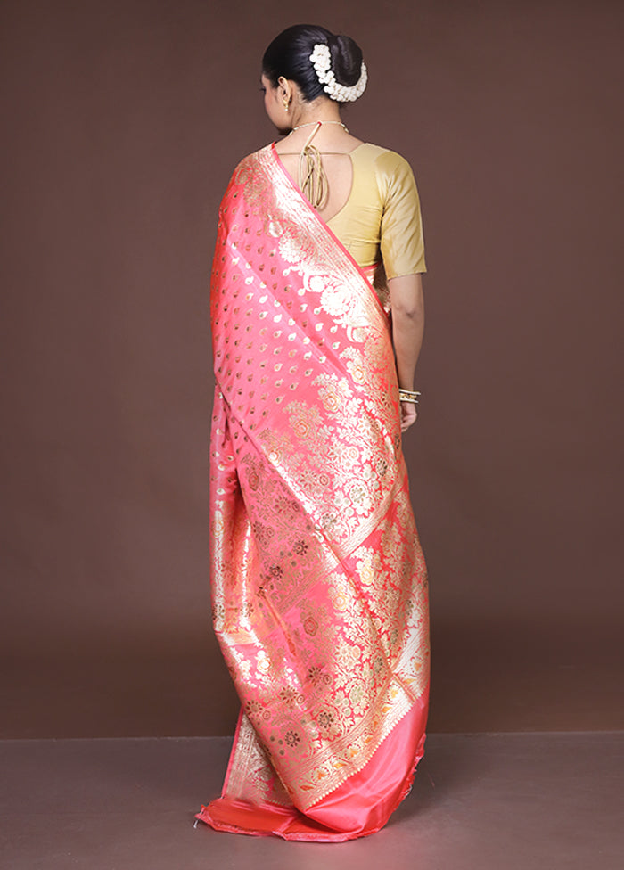Pink Handloom Banarasi Pure Silk Saree With Blouse Piece
