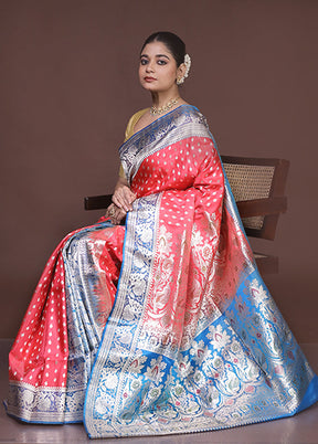 Pink Handloom Banarasi Pure Silk Saree With Blouse Piece