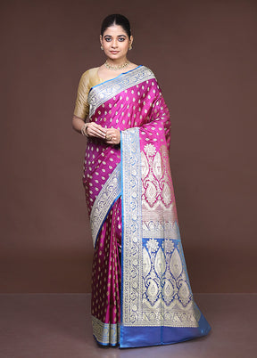 Purple Handloom Banarasi Pure Silk Saree With Blouse Piece