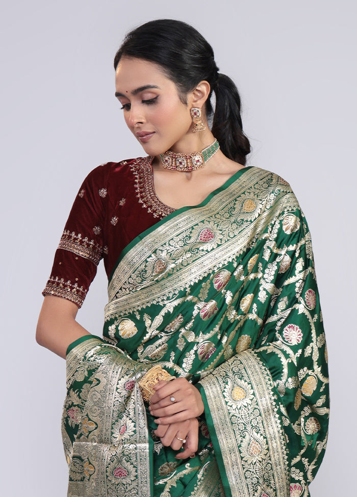 Green Handloom Banarasi Pure Silk Saree With Blouse Piece