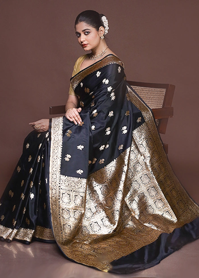 Black Banarasi Silk Saree With Blouse Piece