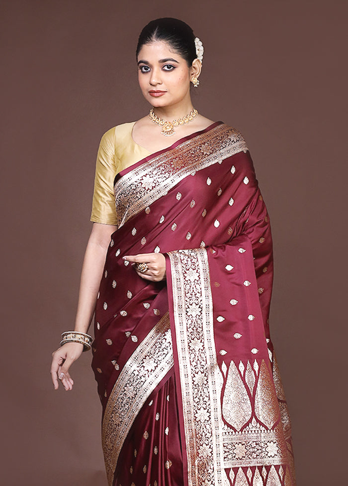 Maroon Banarasi Silk Saree With Blouse Piece
