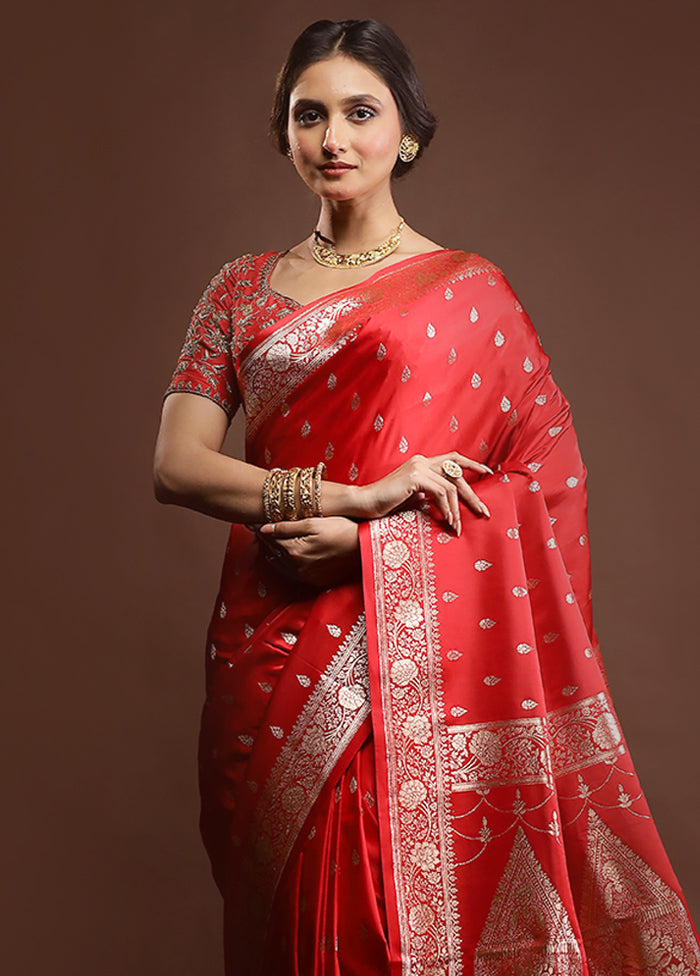 Red Banarasi Silk Saree With Blouse Piece