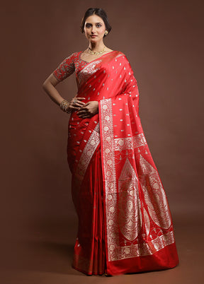 Red Banarasi Silk Saree With Blouse Piece