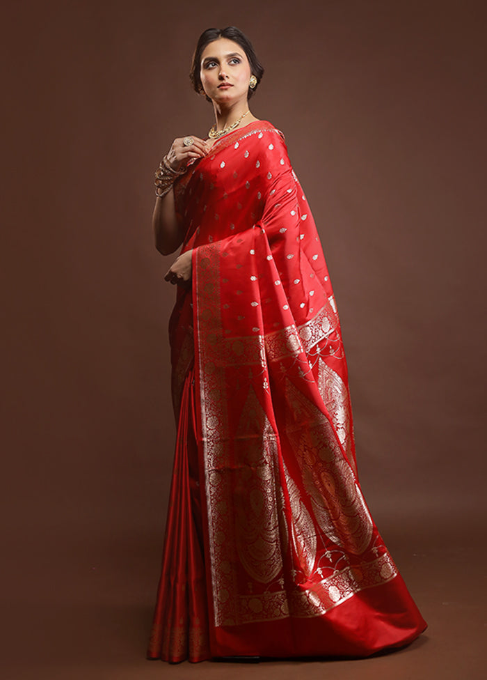 Red Banarasi Silk Saree With Blouse Piece