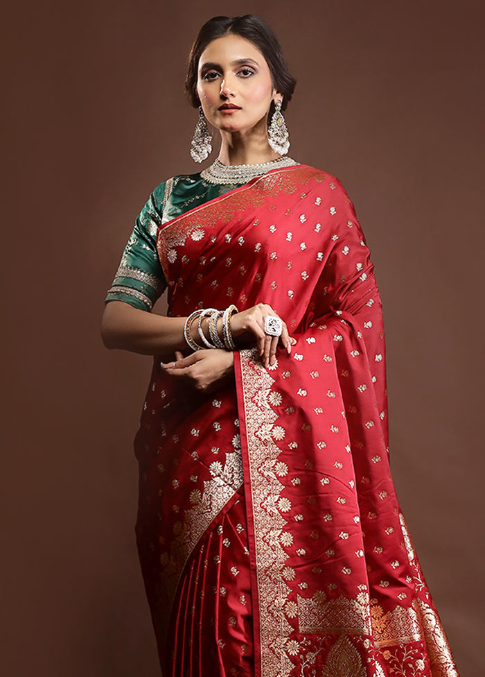 Red Banarasi Silk Saree With Blouse Piece