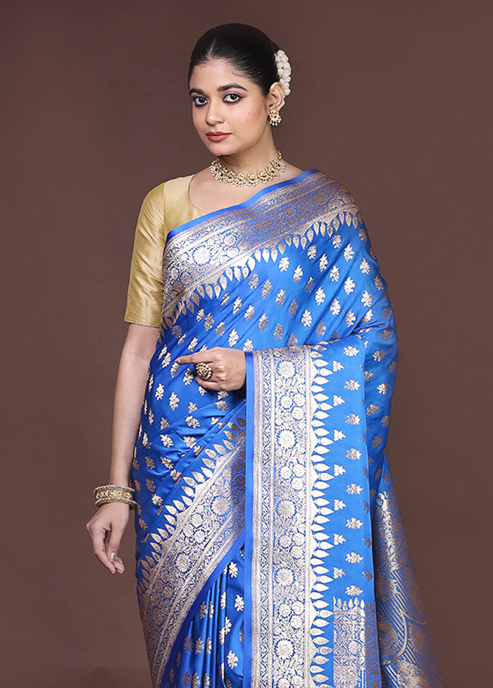 Blue Banarasi Silk Saree With Blouse Piece