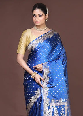 Blue Banarasi Silk Saree With Blouse Piece