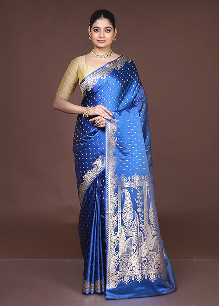 Blue Banarasi Silk Saree With Blouse Piece