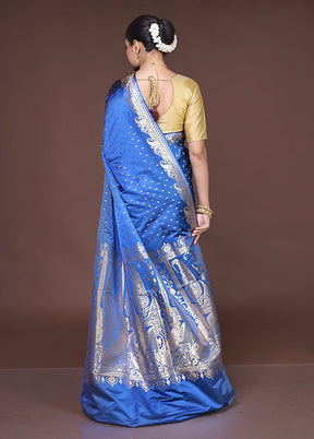 Blue Banarasi Silk Saree With Blouse Piece