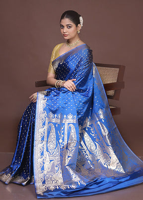 Blue Banarasi Silk Saree With Blouse Piece