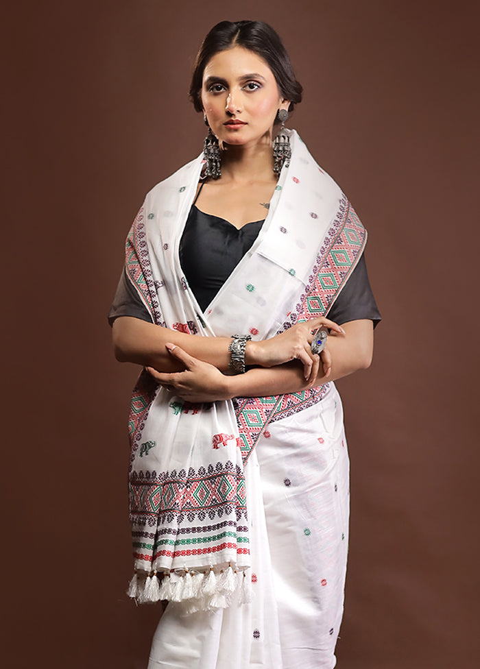 White Assam Silk Saree With Blouse Piece
