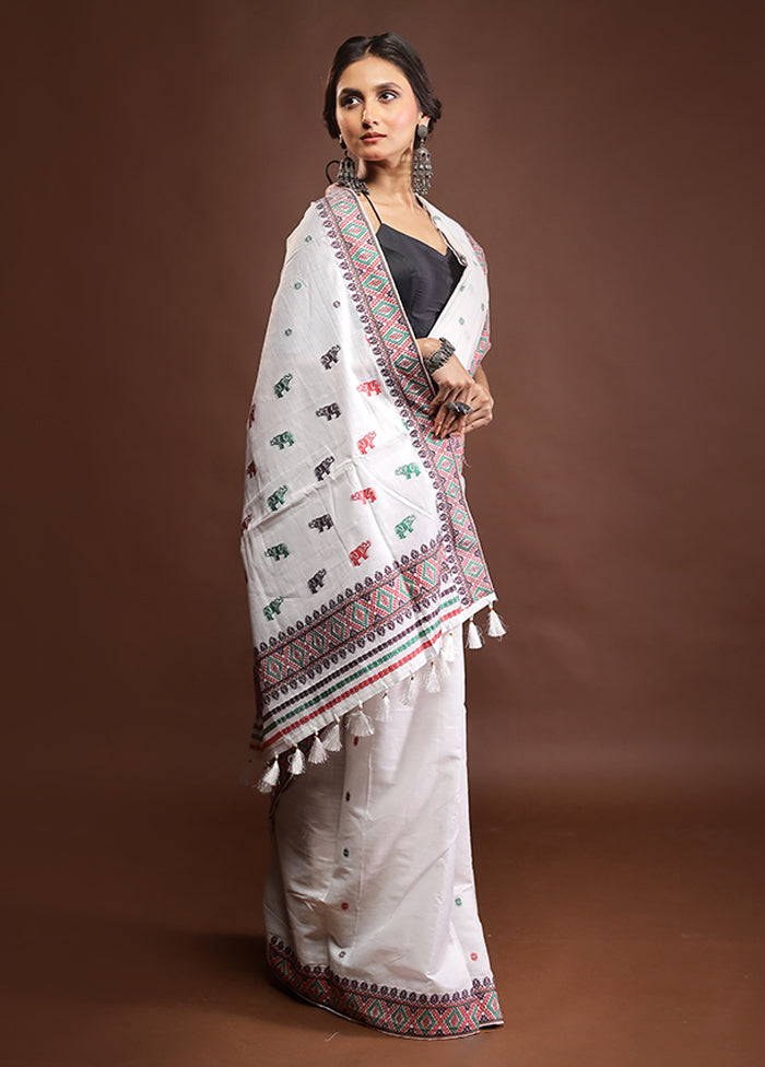 White Assam Silk Saree With Blouse Piece