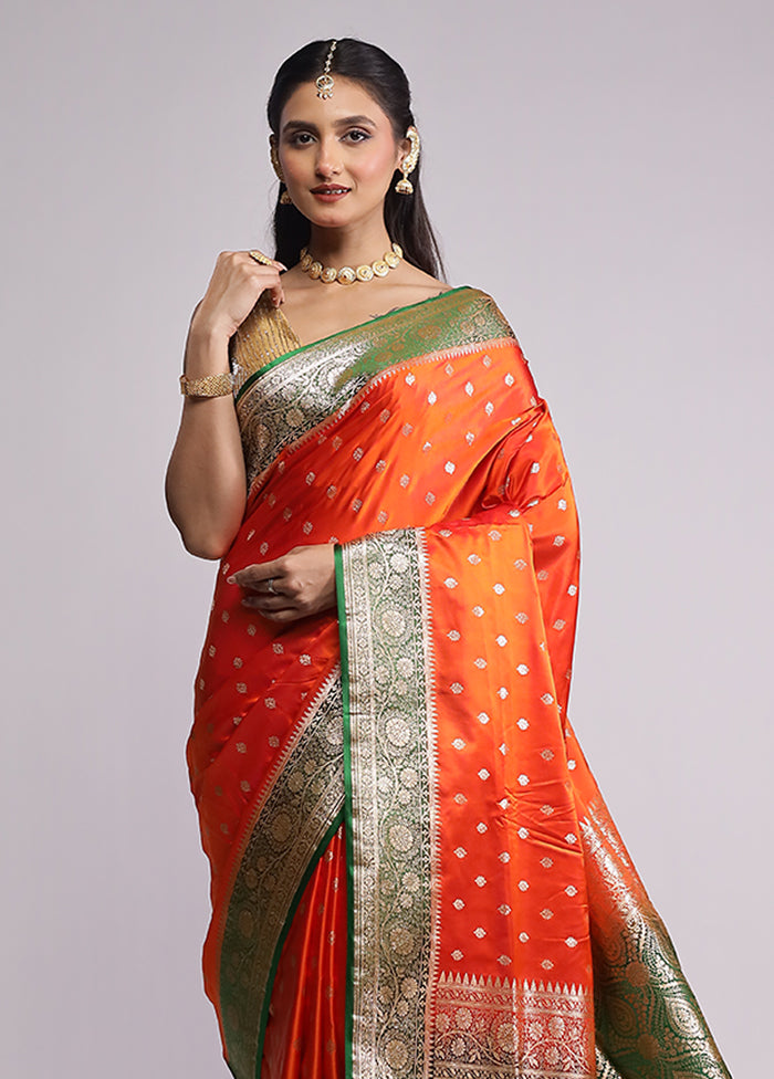 Orange Banarasi Silk Saree With Blouse Piece