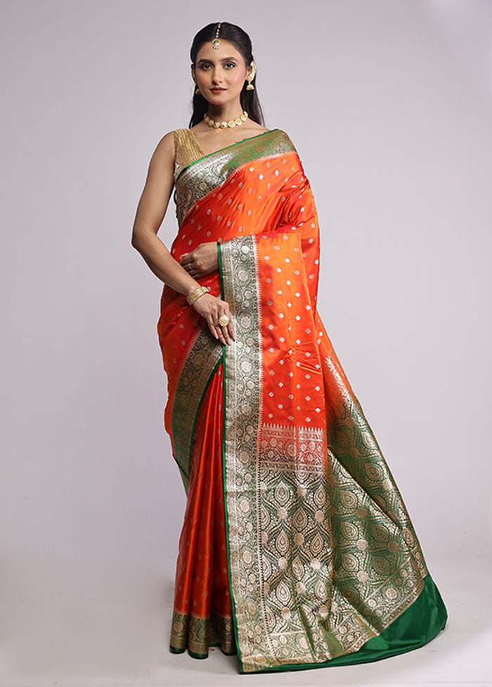 Orange Banarasi Silk Saree With Blouse Piece