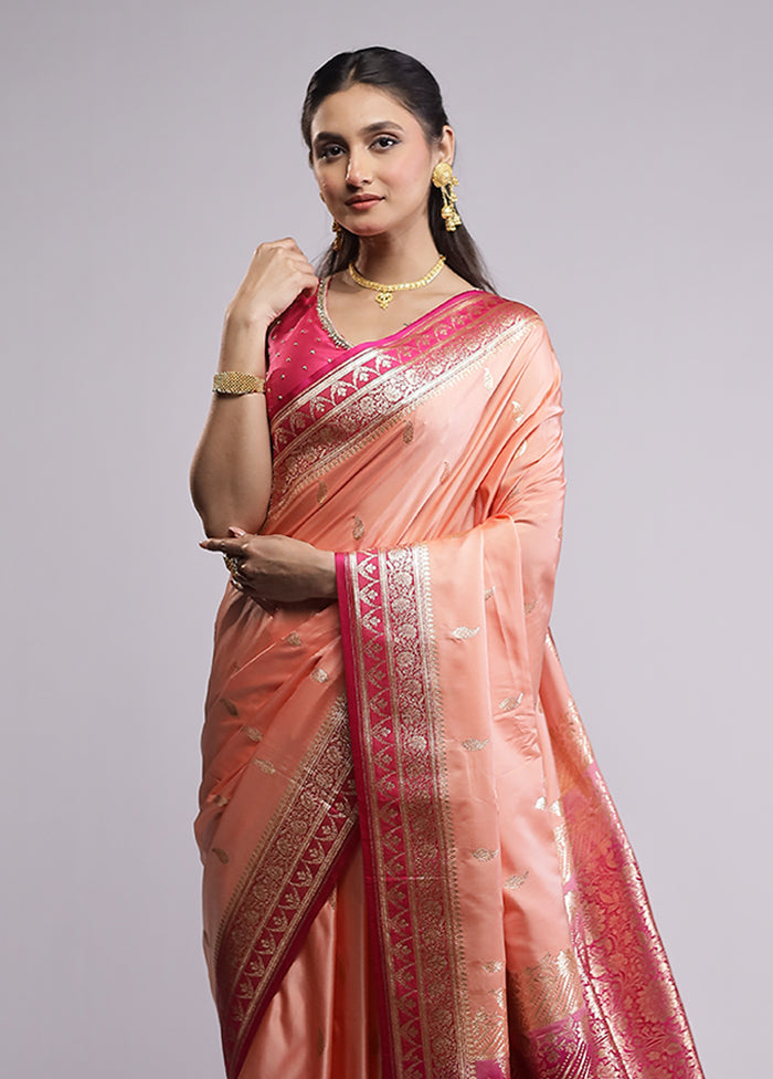 Peach Banarasi Silk Saree With Blouse Piece