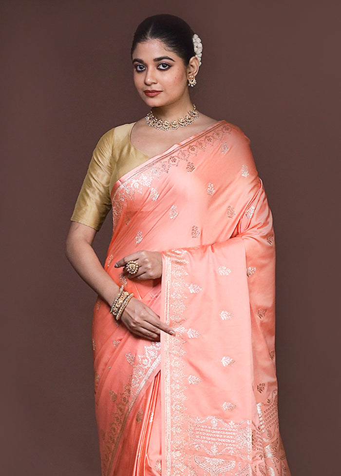 Peach Banarasi Silk Saree With Blouse Piece