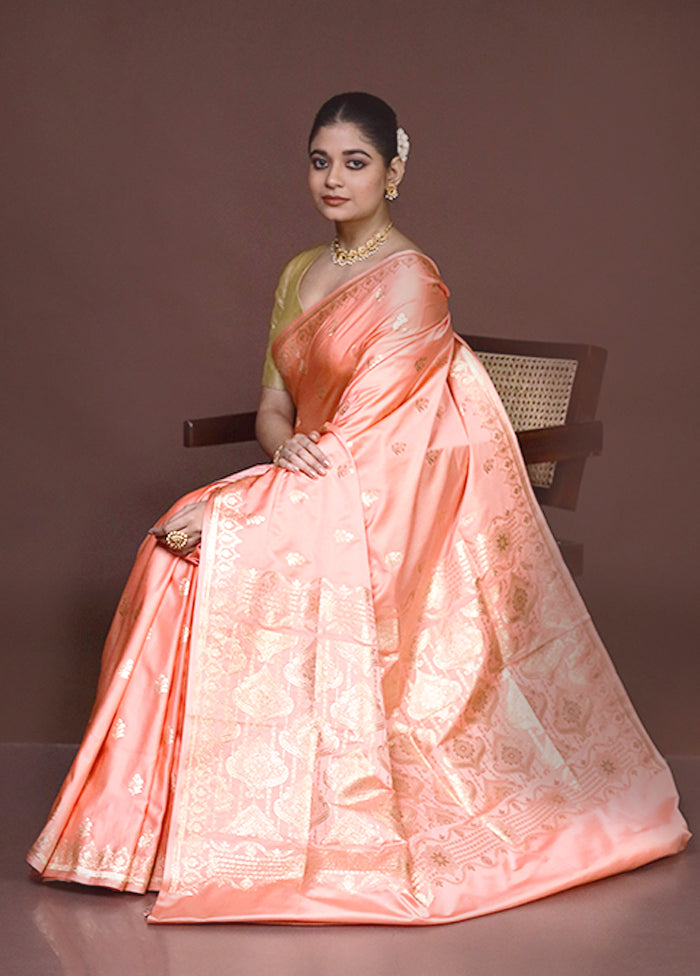 Peach Banarasi Silk Saree With Blouse Piece