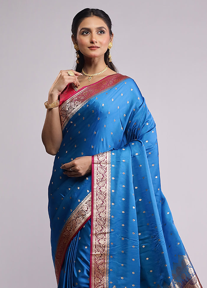Blue Banarasi Silk Saree With Blouse Piece