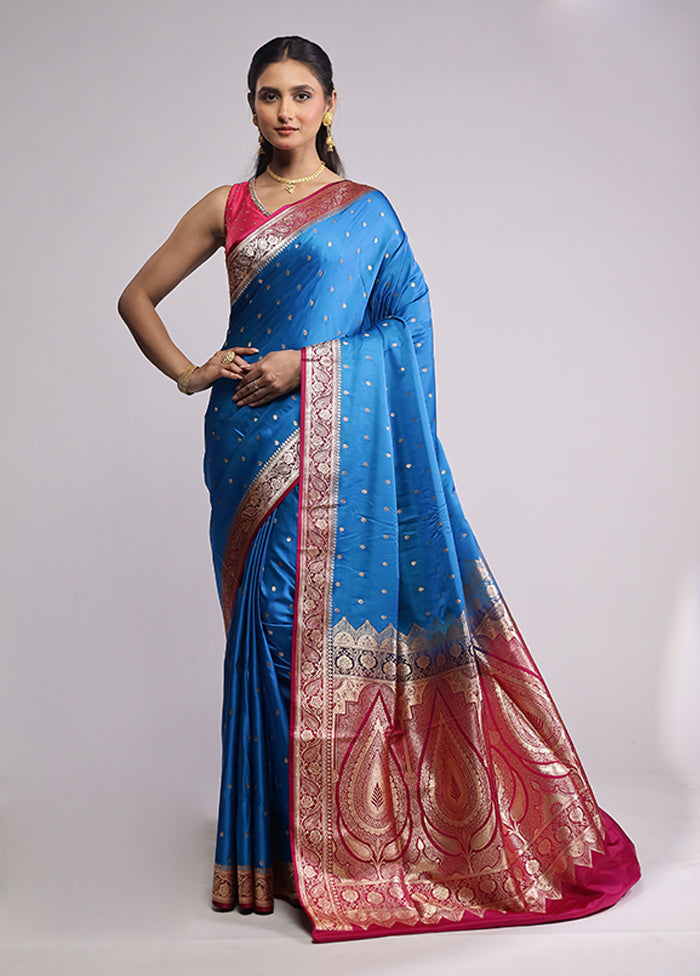 Blue Banarasi Silk Saree With Blouse Piece
