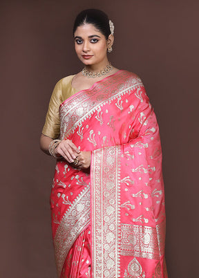Pink Banarasi Silk Saree With Blouse Piece