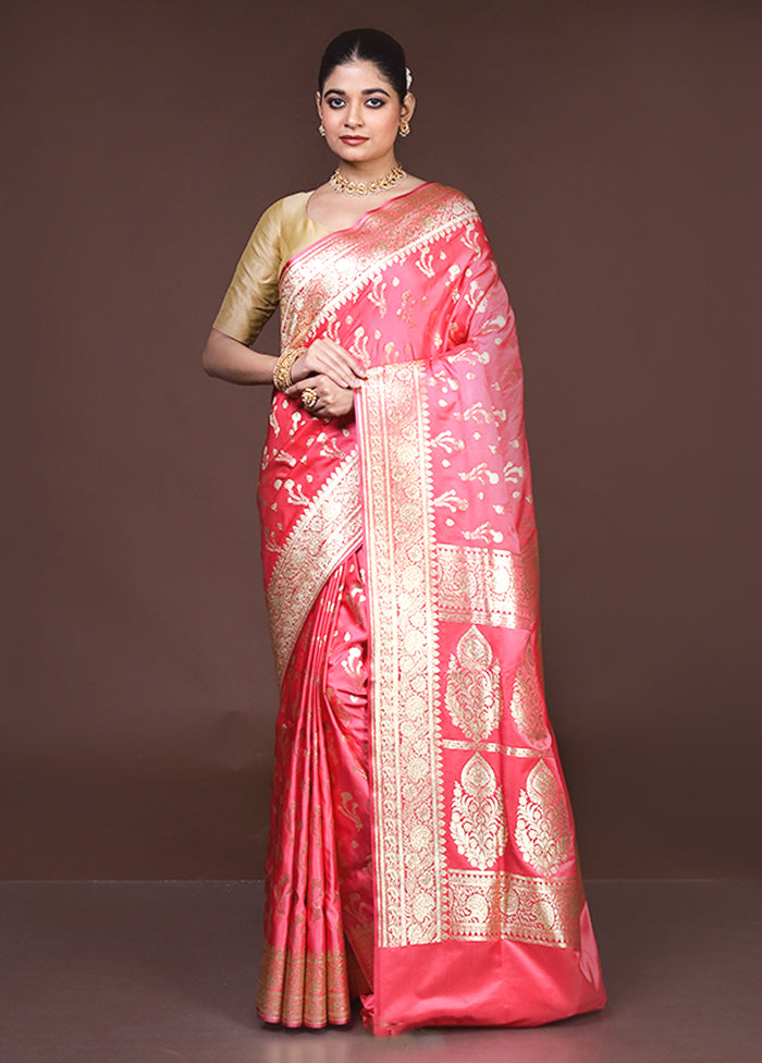 Pink Banarasi Silk Saree With Blouse Piece