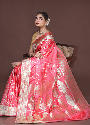 Pink Banarasi Silk Saree With Blouse Piece