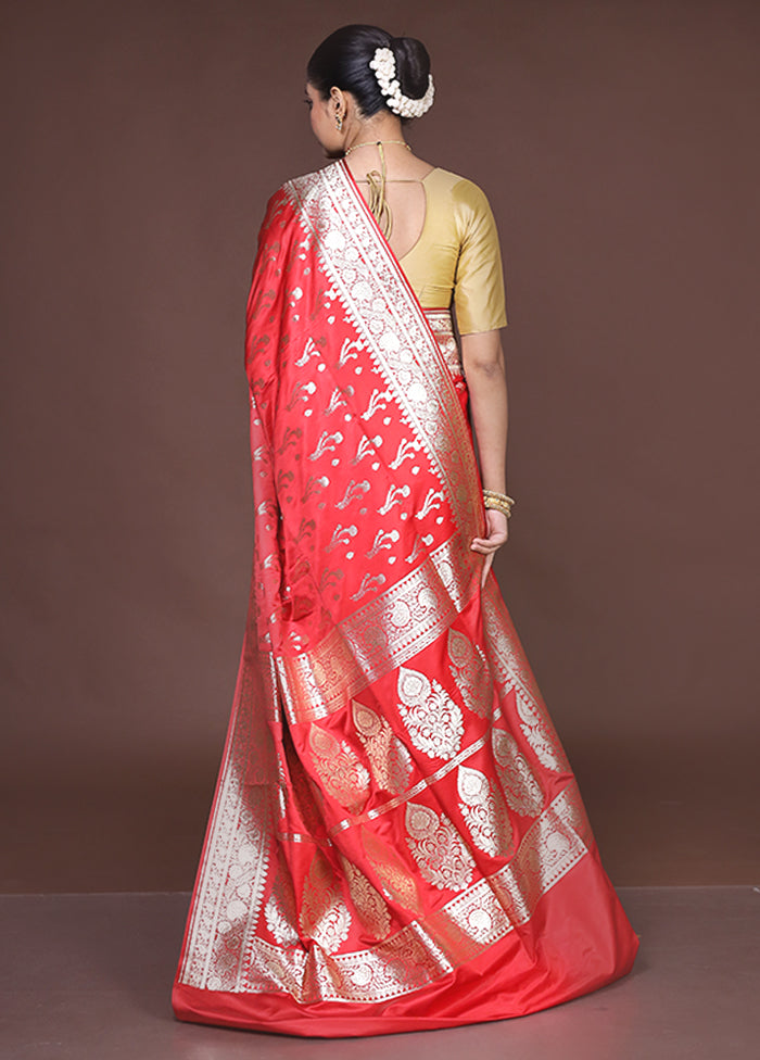 Red Banarasi Silk Saree With Blouse Piece