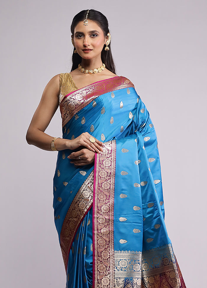 Blue Banarasi Silk Saree With Blouse Piece